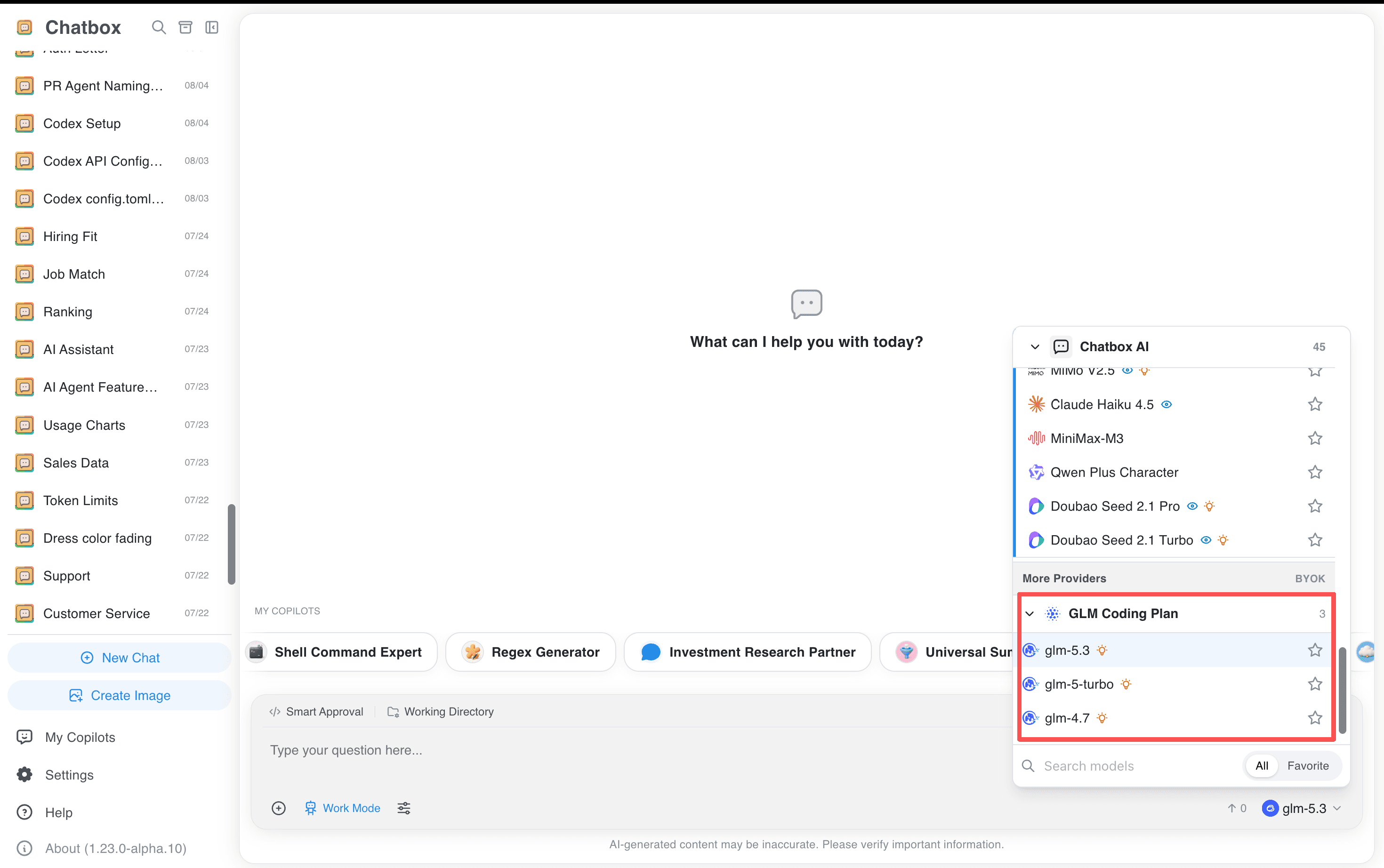 Select a GLM model in Chatbox (Desktop)