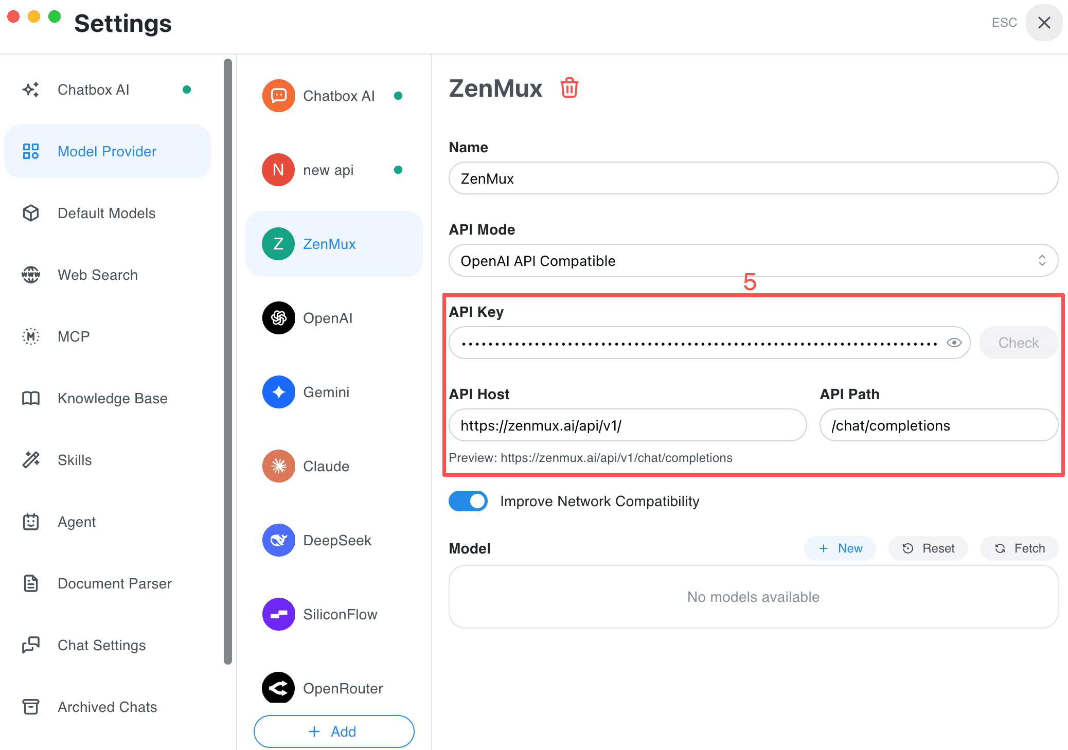 ZenMux API settings (Desktop)